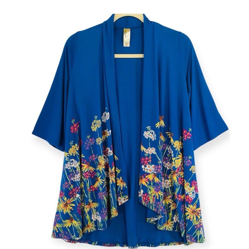 Women’s XL Blue Kimono Style Open Cardigan  Beach Lagenlook Artsy Art To Wear